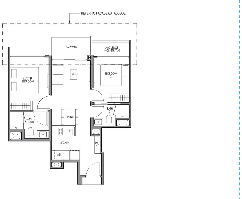 Type B1 2 Bedroom floor plan, 58 square metres, 624 square feet