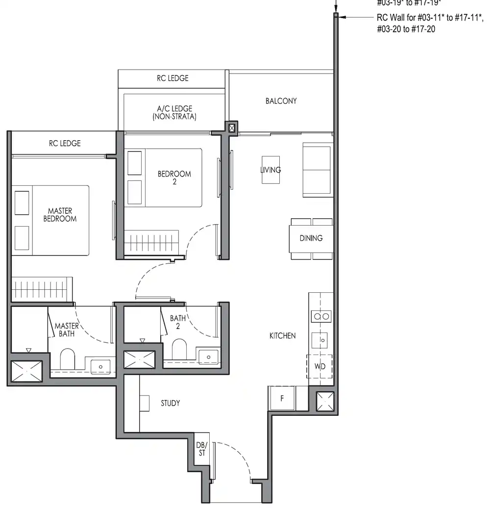 Type B3S 2 Bedroom + Study floor plan, 66 square metres, 710 square feet