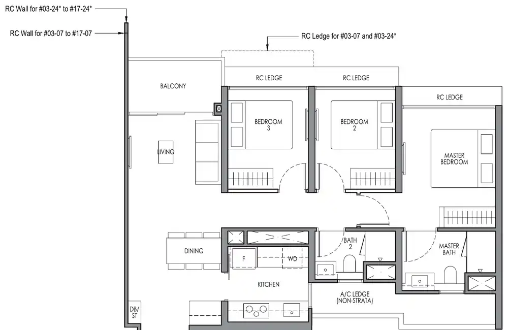 Type C2 3 Bedroom floor plan, 82 square metres, 883 square feet