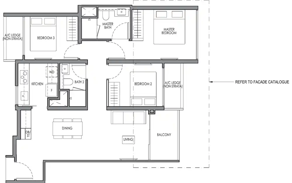Type C3 3 Bedroom floor plan, 83 square metres, 893 square feet