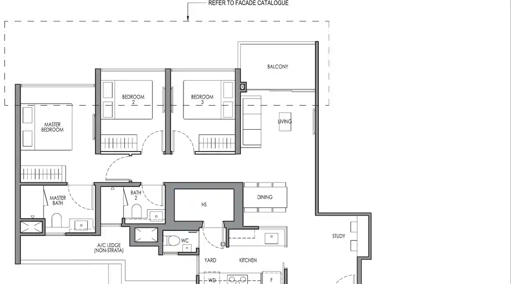 Type CP2S 3 Bedroom Premium + Study floor plan, 93 square metres, 1001 square feet