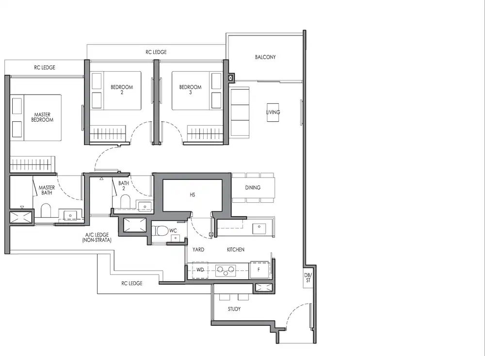 Type CP4S 3 Bedroom Premium + Study floor plan, 93 square metres, 1001 square feet