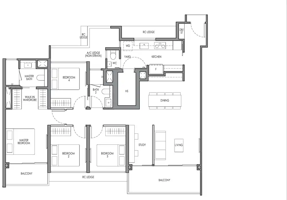 Type DP1S 4 Bedroom Premium + Study floor plan, 125 square metres, 1345 square feet