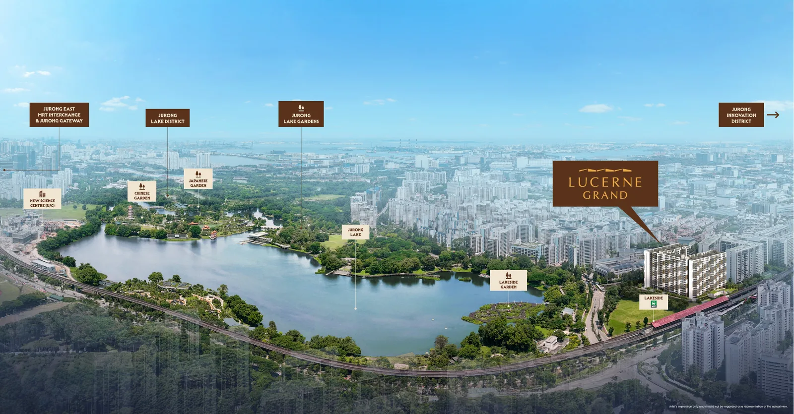 Aerial view of Lucerne Grand within the Jurong Lake District, showing Jurong Lake Gardens, Jurong East MRT Interchange and Lakeside MRT station